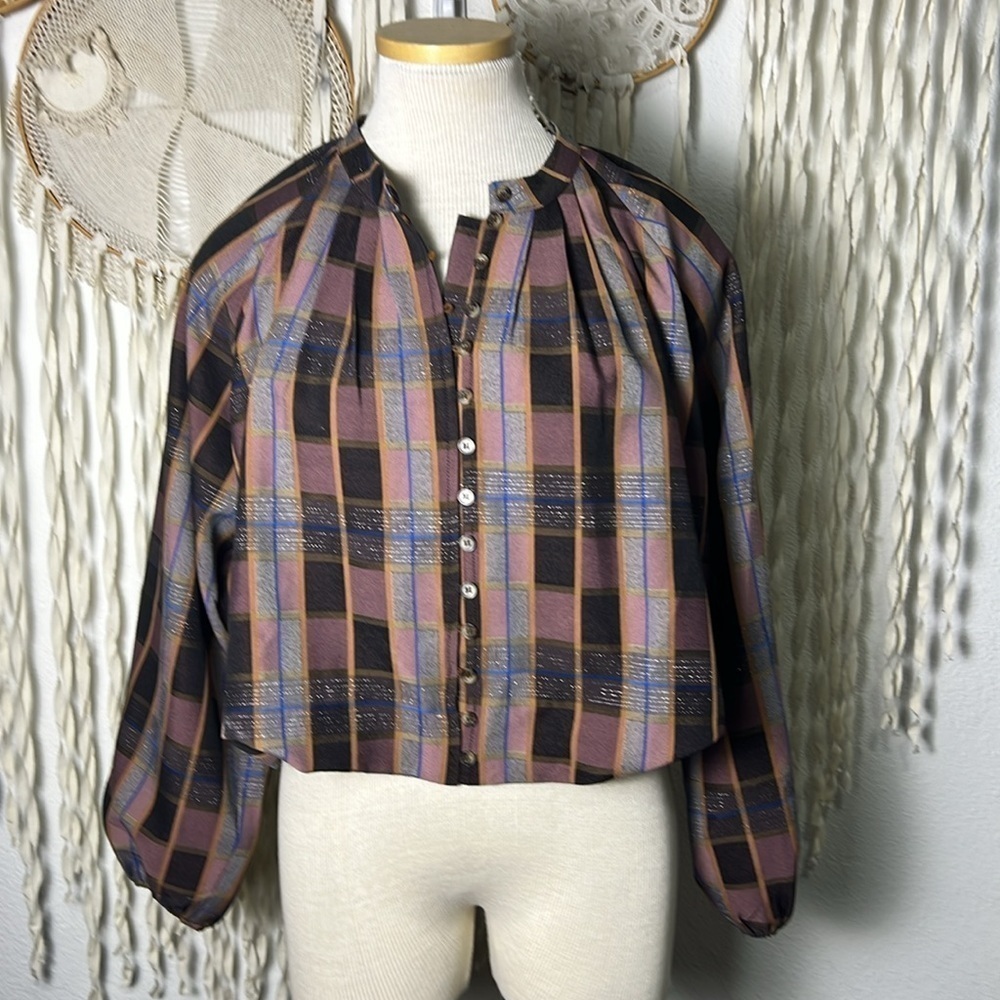 Anthropologie | BTFL-Life Balloon Hem Long Sleeve Plaid Blouse Size Small